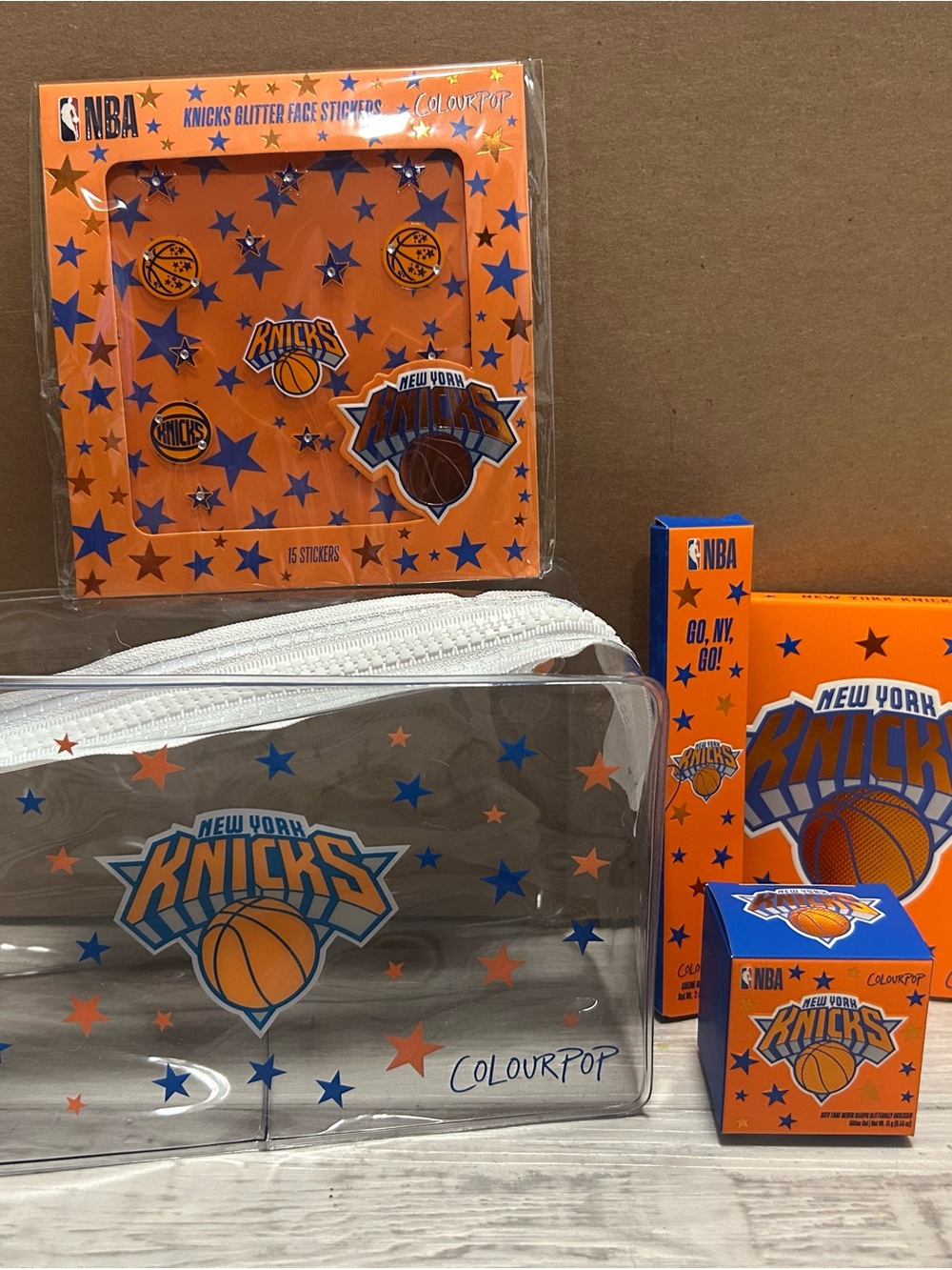 ColourPop New York Knicks Clear Cosmetic Pouch with Orange and Blue Graphics